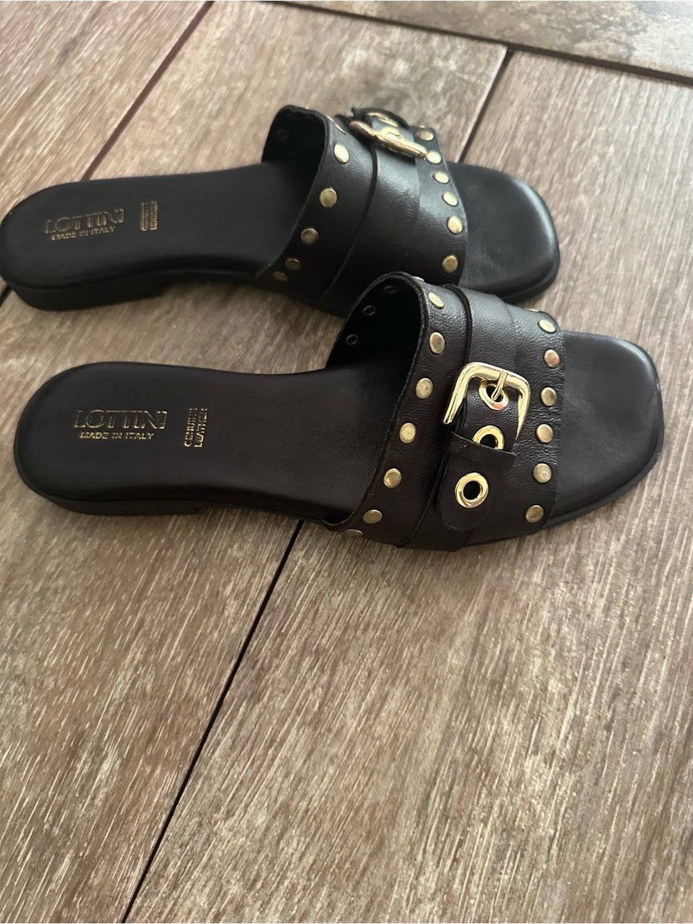 Lottini Made in Italy Black Leather Slide Sandals with Gold Hardware, Size 9
